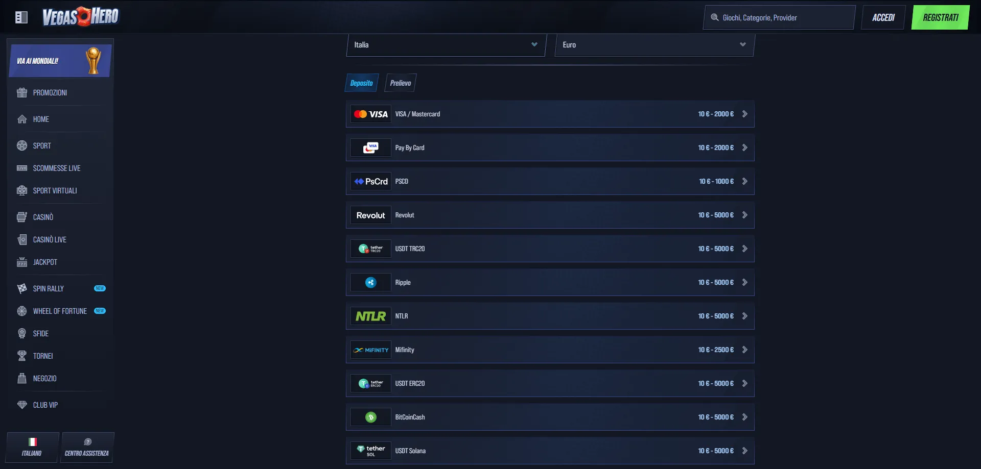 Metodi di pagamento VegasHero Casino — depositi e prelievi veloci in Italia