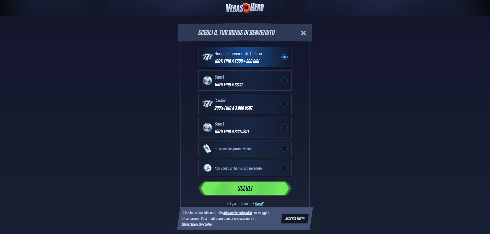 Registrazione account VegasHero Casino online per giocatori italiani