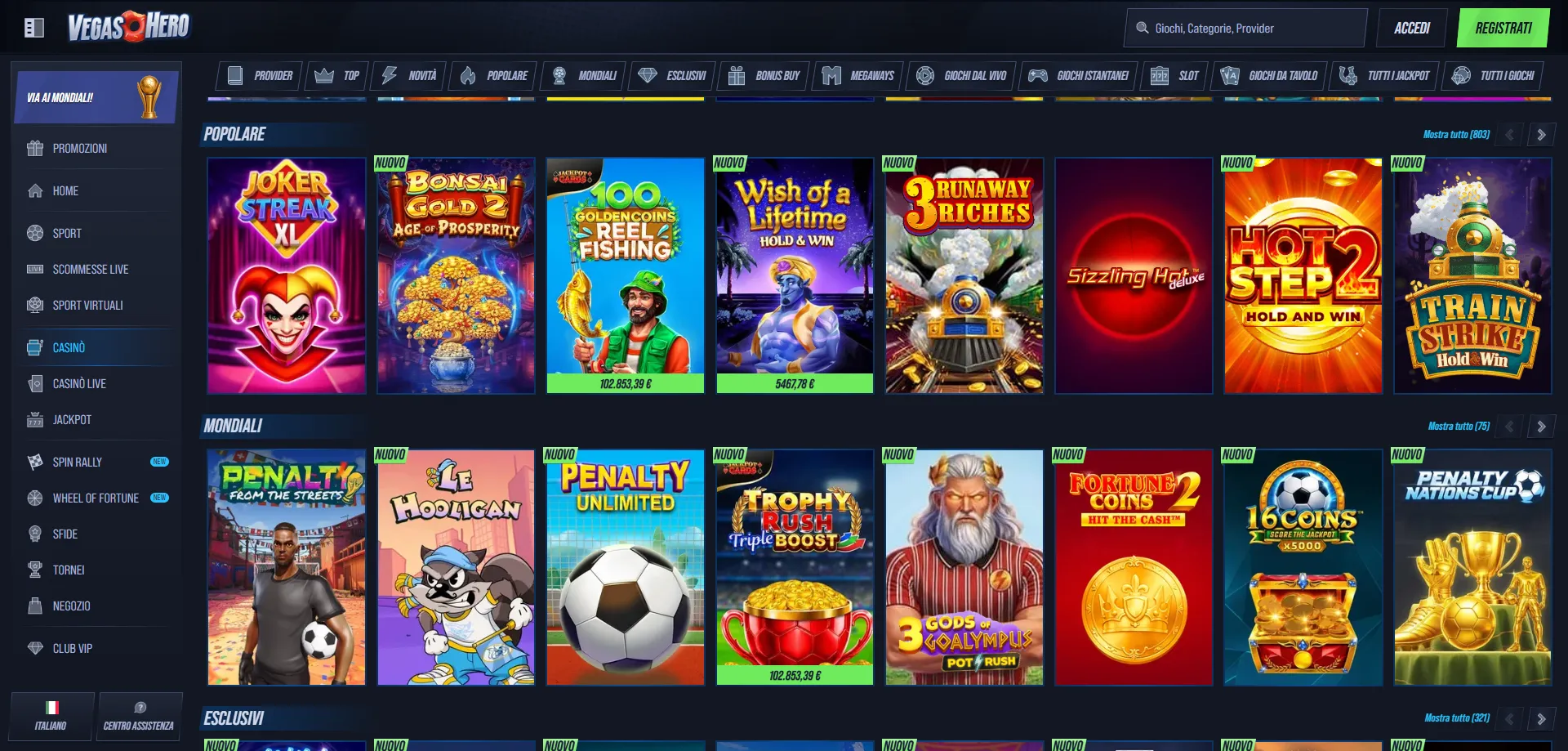 Vasta libreria di giochi slot VegasHero Casino — titoli Pragmatic Play ed Evolution
