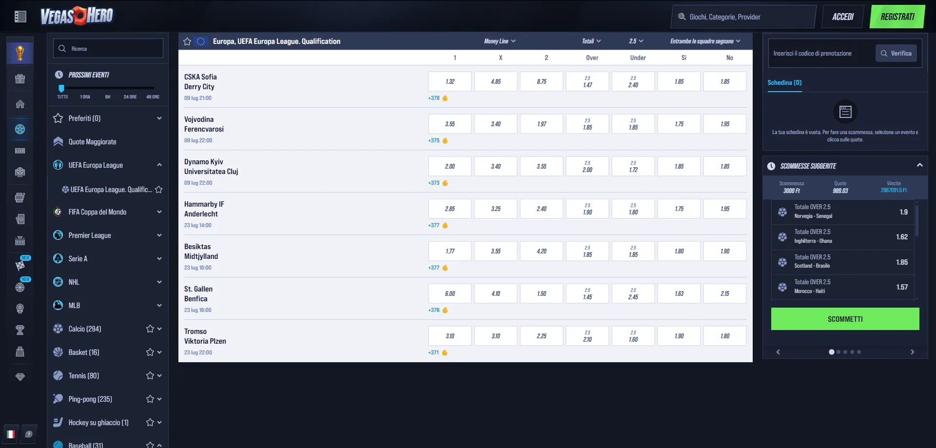 Scommesse sportive VegasHero Casino — calcio basket e sport in tempo reale